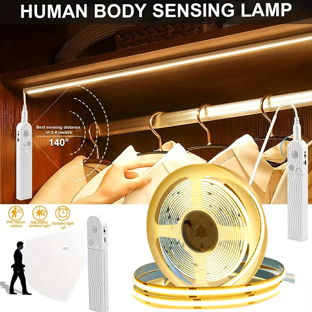 Tira LED con Sensor de Movimiento – Luz COB a Pilas para Escaleras, Armarios o Dormitorio