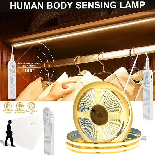 Tira LED con Sensor de Movimiento – Luz COB a Pilas para Escaleras, Armarios o Dormitorio